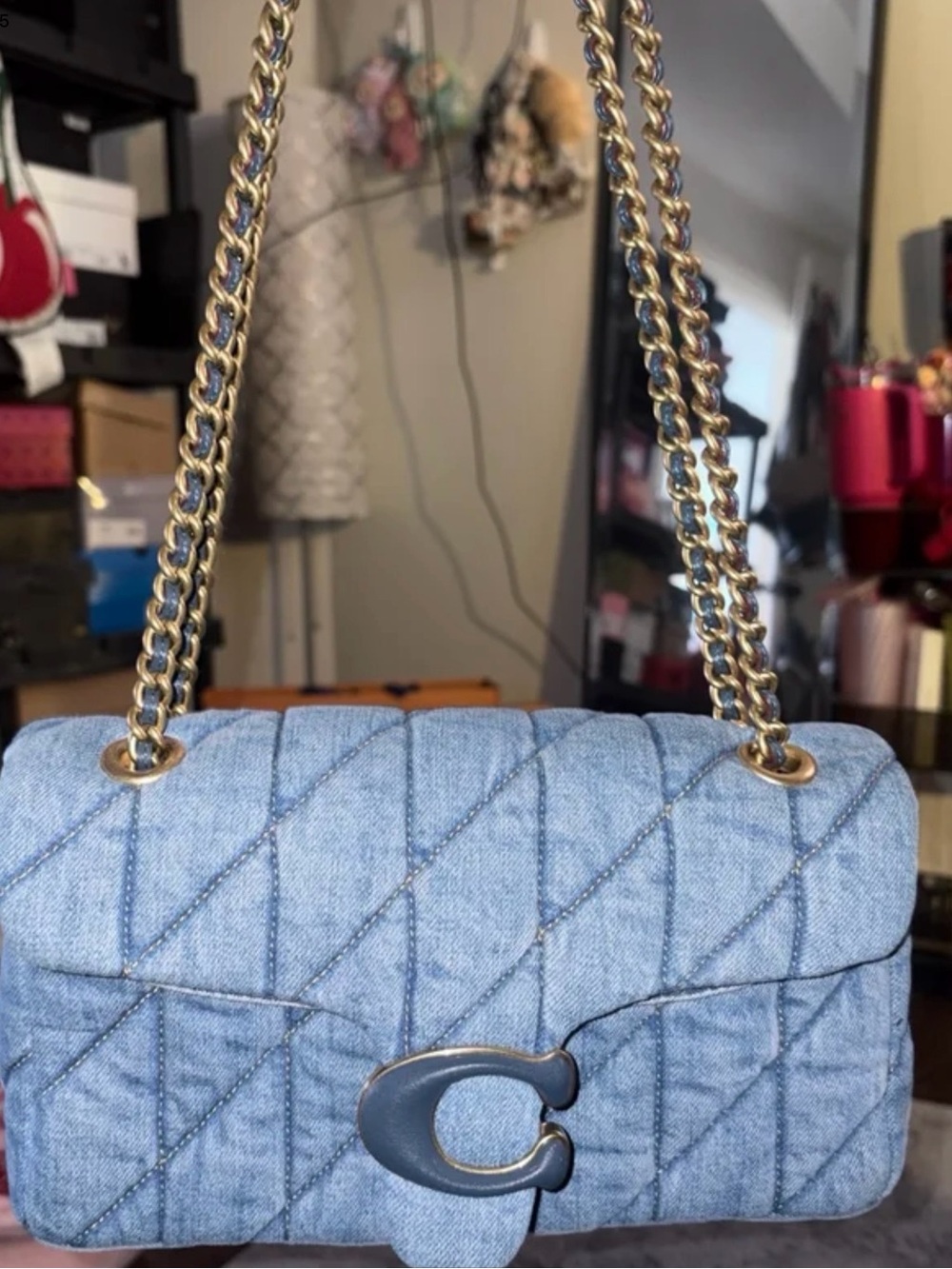 Coach Quilted Light Blue Denim Shoulder Bag with Gold Chain size 26